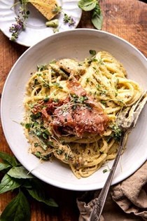Basil chicken fettuccine Alfredo with prosciutto