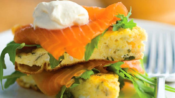 Basil frittata with smoked salmon, rocket and horseradish cream