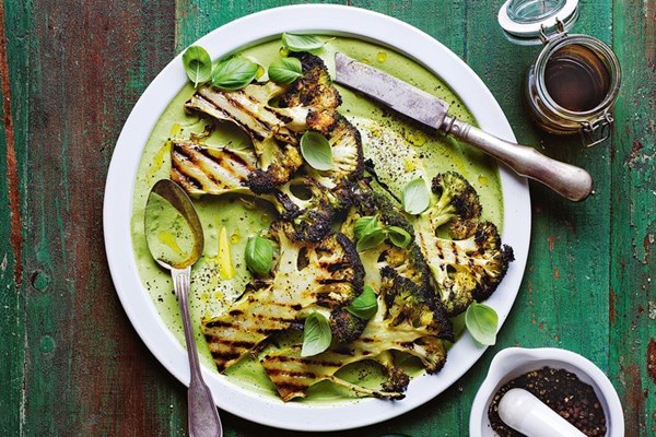Basil green goddess with charred broccoli