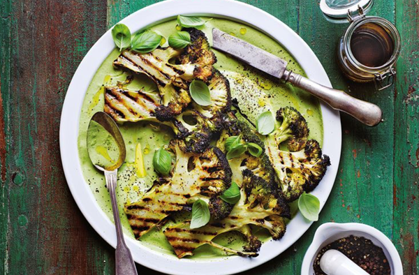 Basil green goddess with charred broccoli