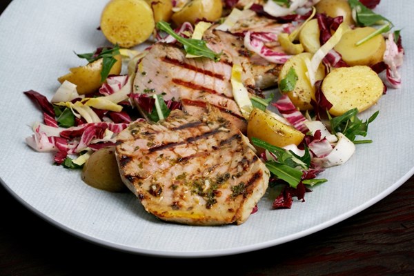 Basil-grilled tuna with bitter greens
