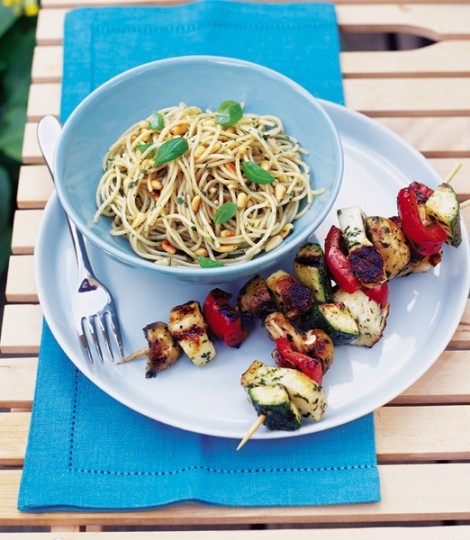 Basil haloumi and roasted vegetable skewers