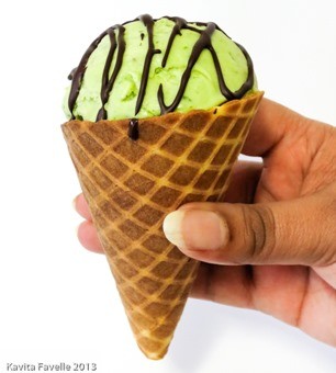 Basil ice cream, waffle cone & chocolate drizzle