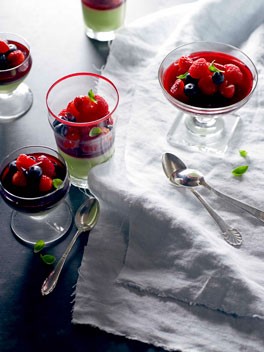 Basil panna cotta with raspberry jelly
