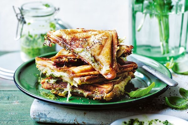 Basil pesto, ham, sauerkraut and two-cheese toastie