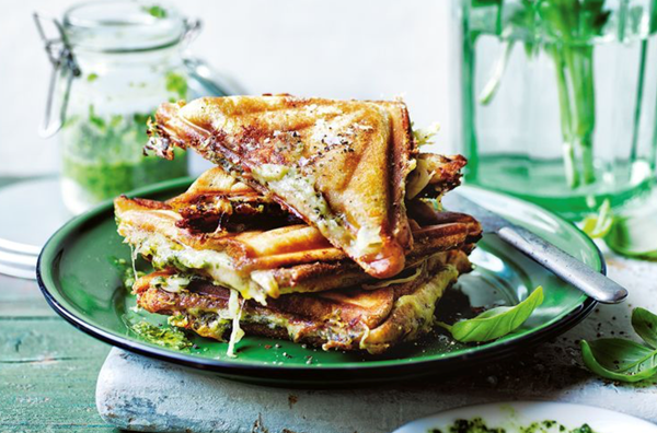 Basil pesto, ham, sauerkraut and two-cheese toastie