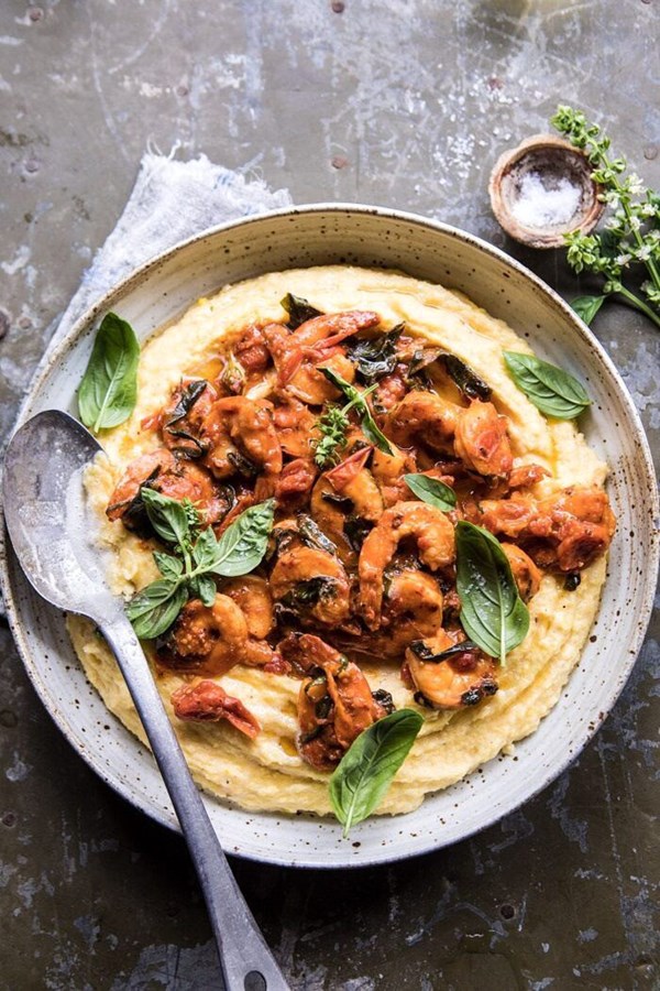 Basil pomodoro shrimp with creamed corn polenta
