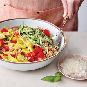 Basil, squash, and tomato pasta toss