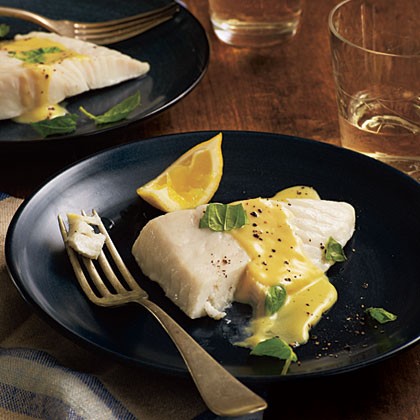 Basil-steamed halibut with lemon-crème sauce