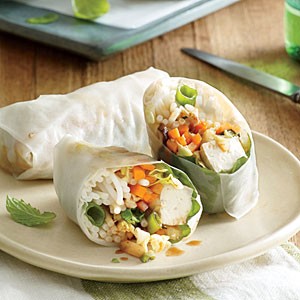 Basil summer rolls with peanut dipping sauce