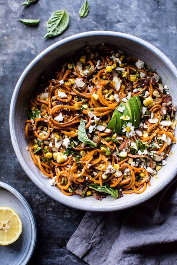 Basil sweet potato noodle, feta and sweet corn miso carbonara