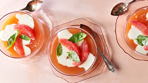 Basil-yogurt panna cotta with grapefruit gelée