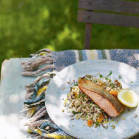 Basmati pilau and seared salmon