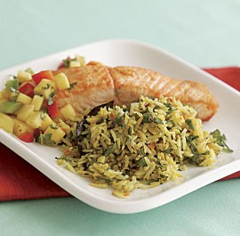 Basmati rice pilaf with whole spices, saffron & mint