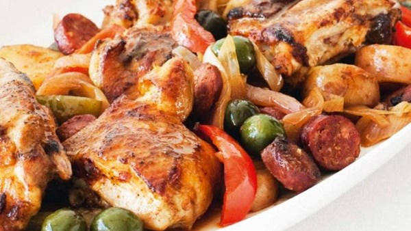 Basque chicken with brave potatoes and chorizo