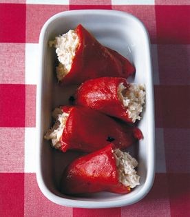 Basque peppers stuffed with mashed cod, garlic, and potatoes (Pimientos de piquillo à la brandade)