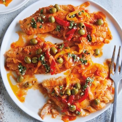 Basque-style cod with piperade, olives & parsley