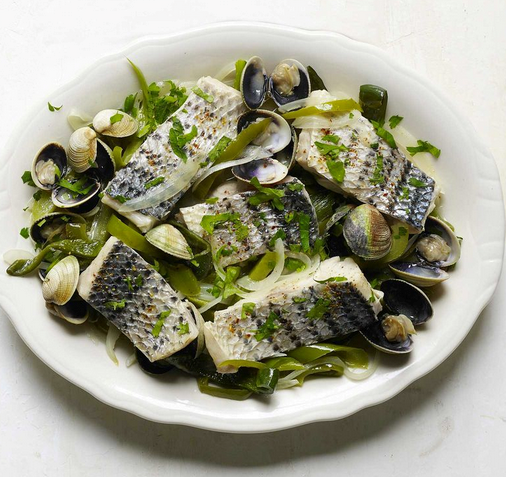 Basque-style fish with green peppers and Manila clams