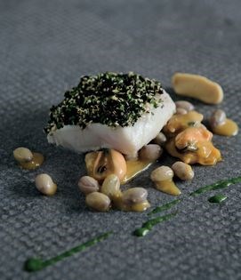 Bass groper with sour orange, mussels, clams and mustard purée