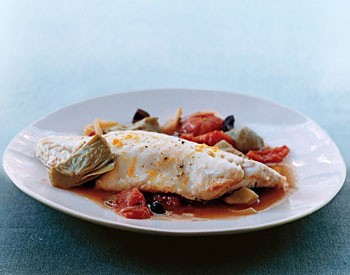 Bass in artichoke and tomato broth