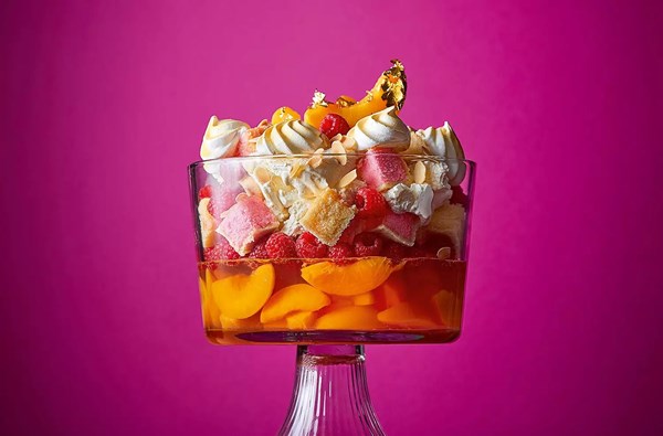 Battenberg trifle with meringue crown 