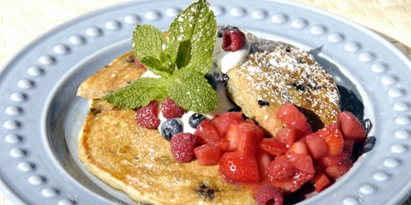 Batter-be-good-to-me pancakes [Scrumptious blueberry and banana pancakes with strawberry sauce]