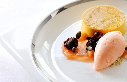 Bavarois of butternut squash with quince sorbet and poached blackberries
