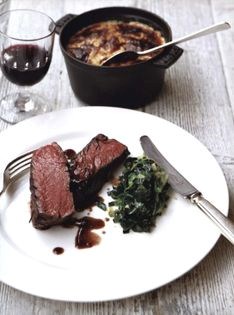Bavette of beef with gratin Dauphinoise and red wine and shallot sauce