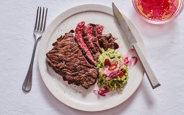 Bavette with avocado mash and quick pickled onions