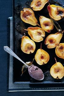 Bay-baked pears with chocolate ice cream