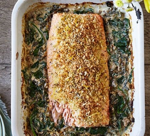 Bay-crumbed salmon with creamed spinach and wild mushrooms