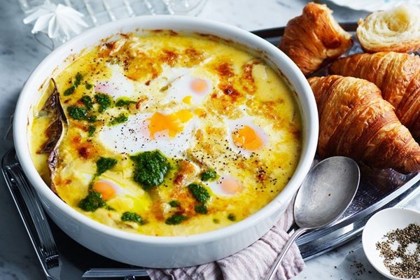 Bay, Gruyère & kipfler baked eggs