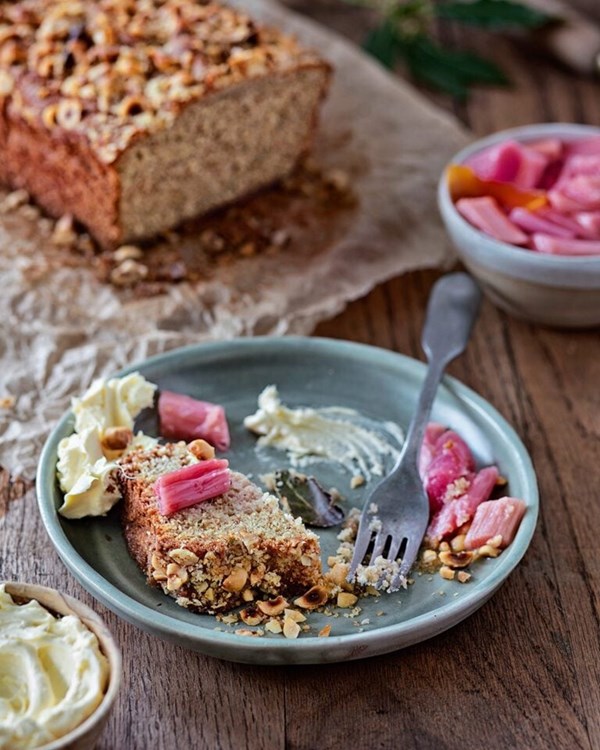 Bay, rye and hazelnut loaf with poached rhubarb
