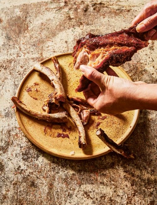 BBQ backyard-style apricot-glazed pork ribs with crushed spices
