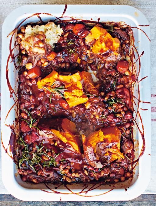 BBQ baked beans with smashed sweet potatoes