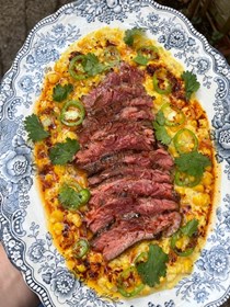 BBQ bavette with creamed corn, brown butter and pickled jalapeños