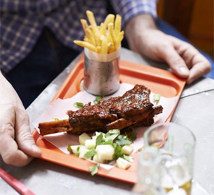 BBQ beef short ribs with green apple salsa & fries