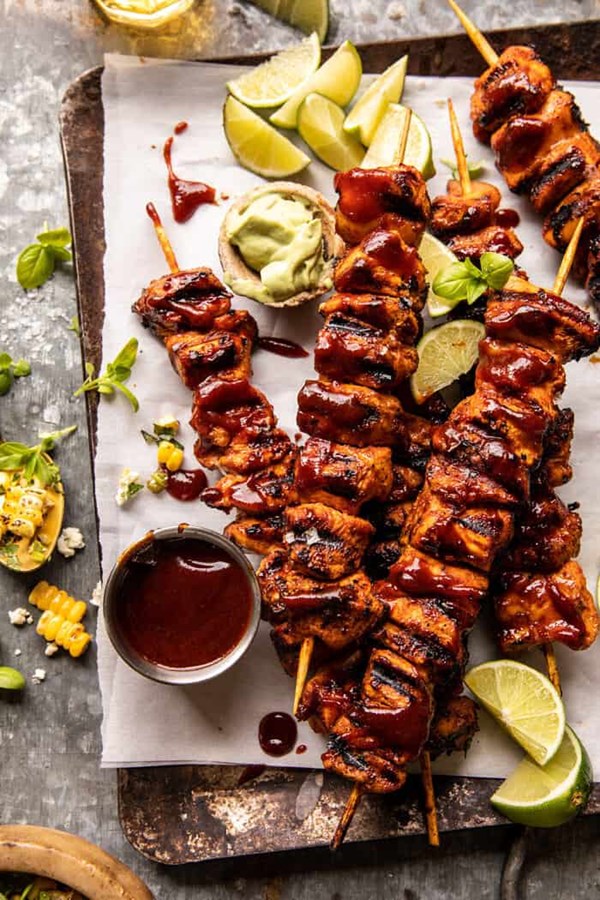 BBQ beer chicken skewers with avocado corn and feta salsa