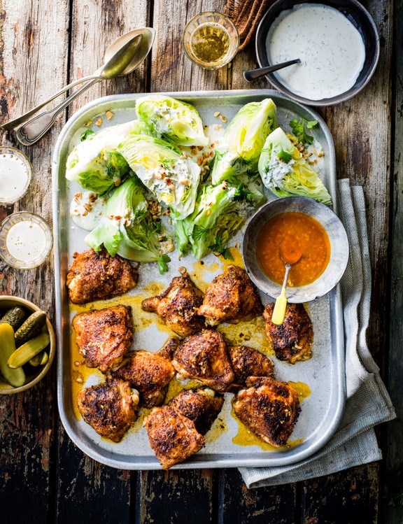 BBQ Buffalo chicken thighs with wedged ranch salad