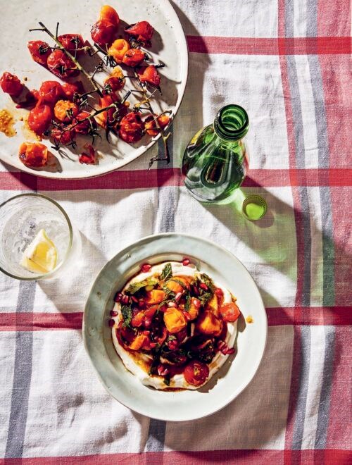 BBQ charred tomatoes with cool yoghurt, pomegranate molasses and herbs