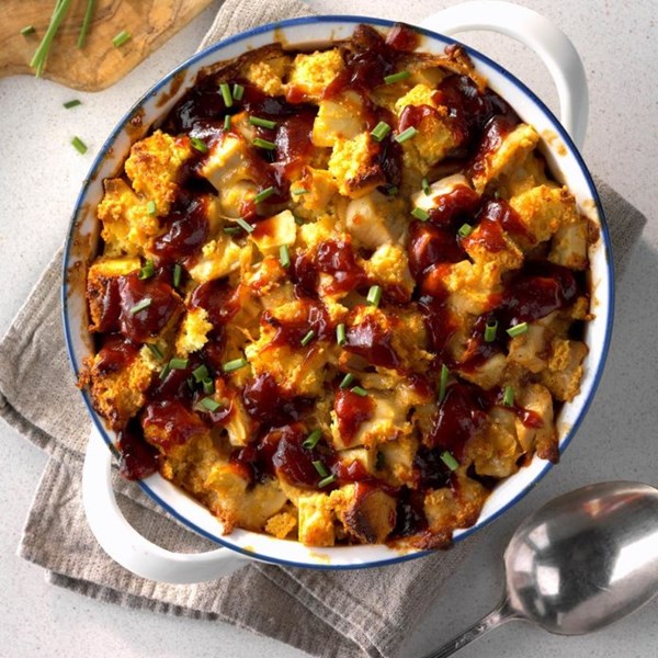BBQ chicken & apple bread pudding