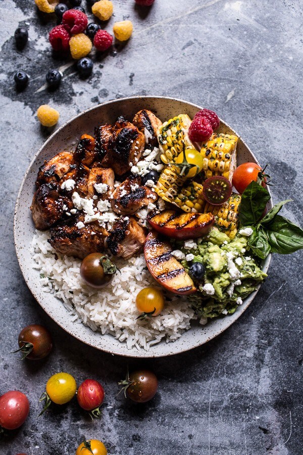 BBQ chicken and grilled corn rice bowls with berry smashed avocado