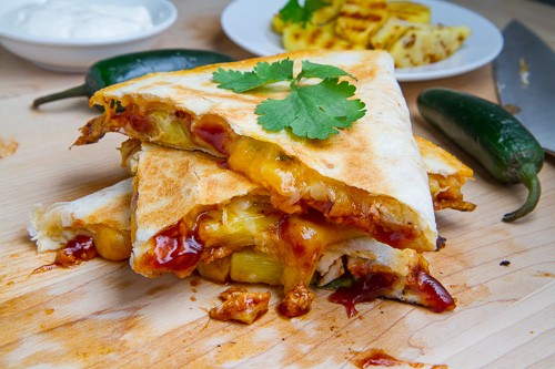 BBQ chicken and pineapple quesadillas