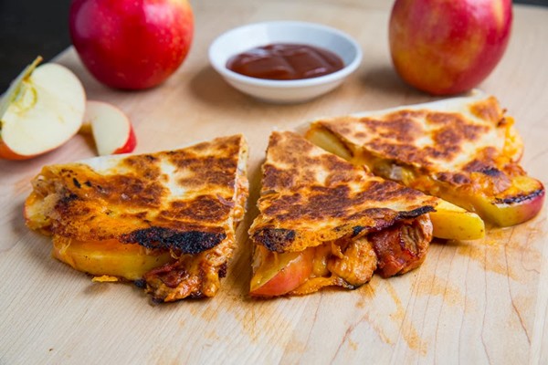 BBQ chicken, apple, bacon and cheddar quesadillas