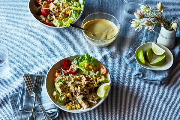 BBQ chicken burrito bowls with chipotle mayonnaise dressing
