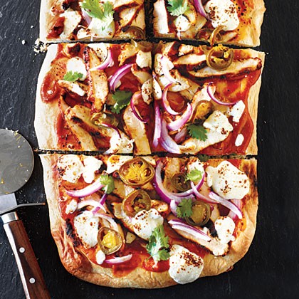 BBQ chicken pizza with fresh mozzarella and pickled jalapeños