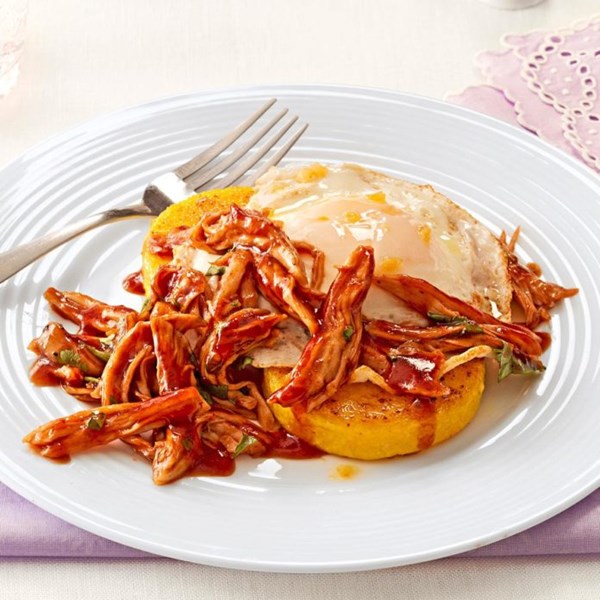 BBQ chicken polenta with fried egg