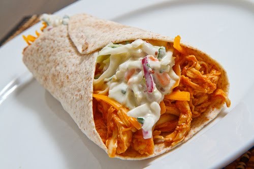 BBQ chicken with blue cheese slaw wraps