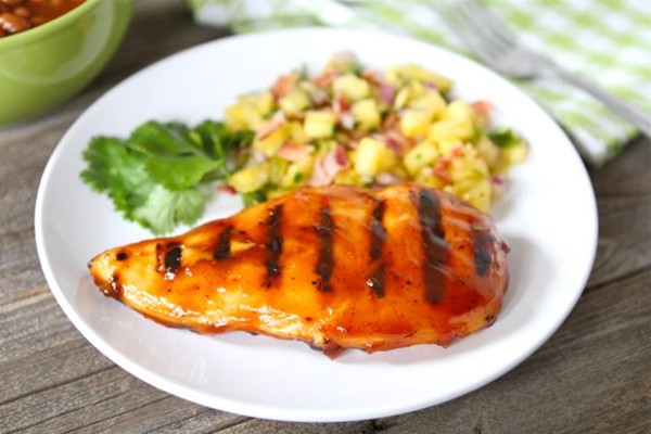 BBQ chicken with pineapple bacon salsa