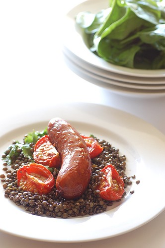 BBQ chorizo with slow roasted tomatoes & braised lentils